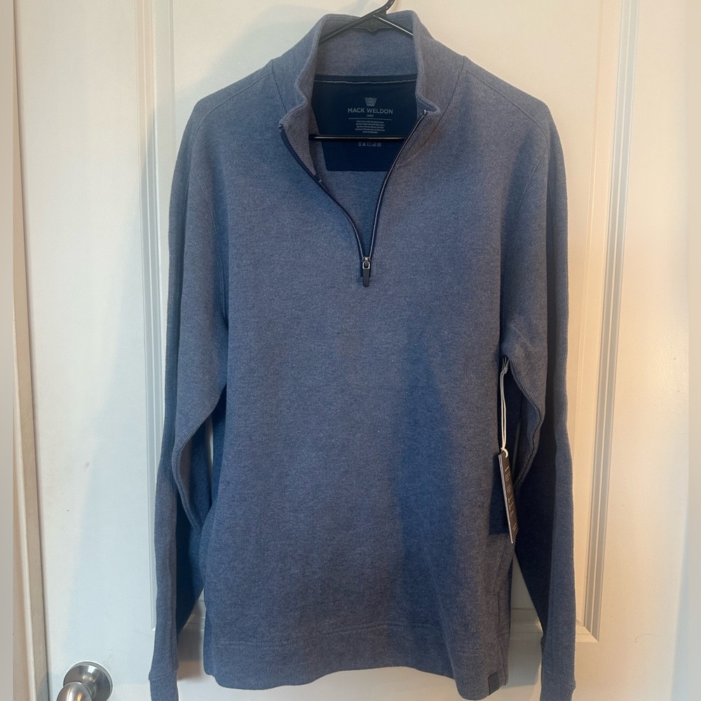 NEW Mack Weldon 1/4 Zip Premium Cotton Mick Neck Pullover Blue Sweater, Large